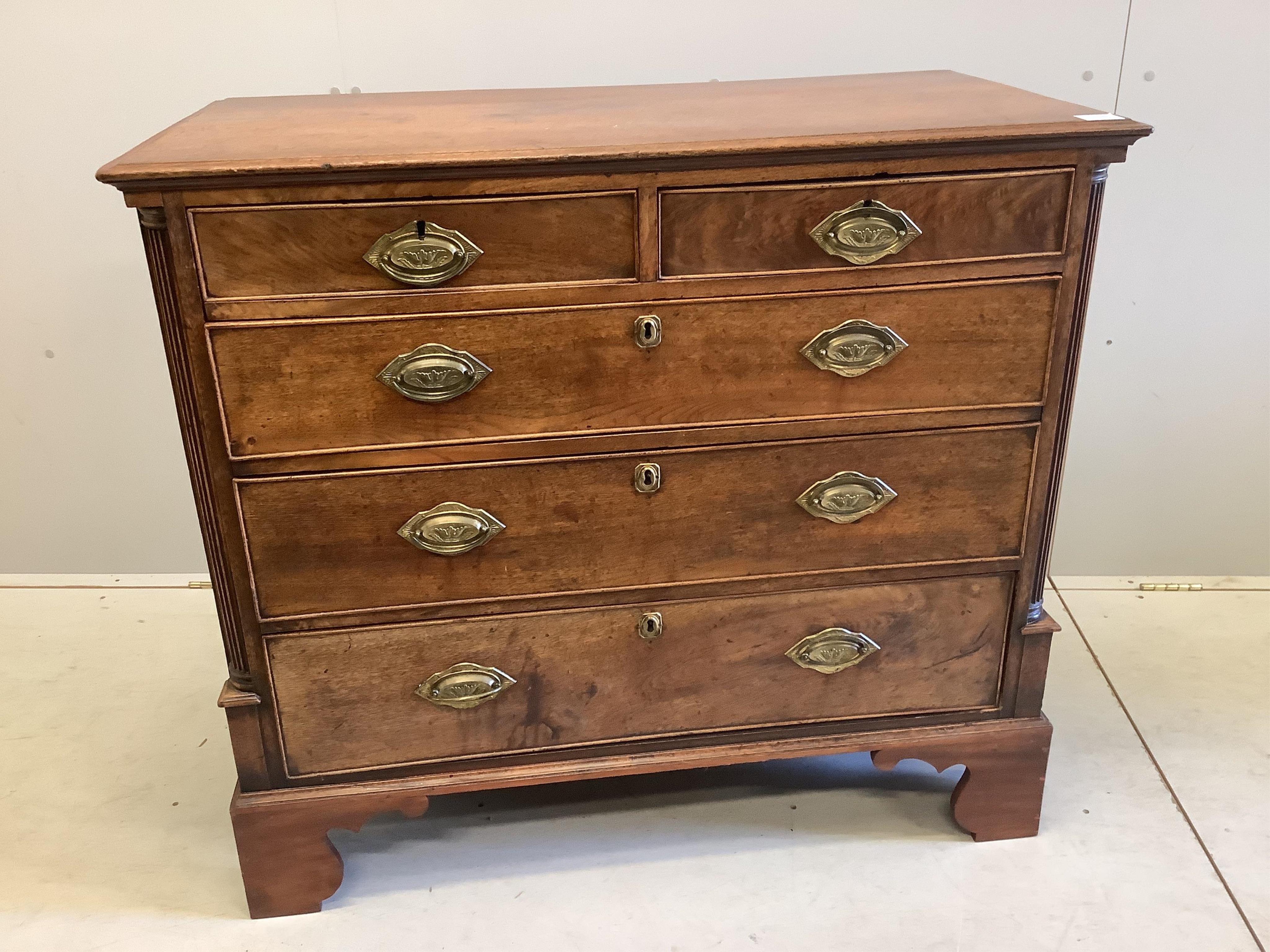 A George III and later oak and mahogany chest of drawers, width 102cm, depth 53cm, height 92cm. Condition - fair to good